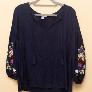 Old Navy Blouse - Navy Blue Embroidered Sleeves